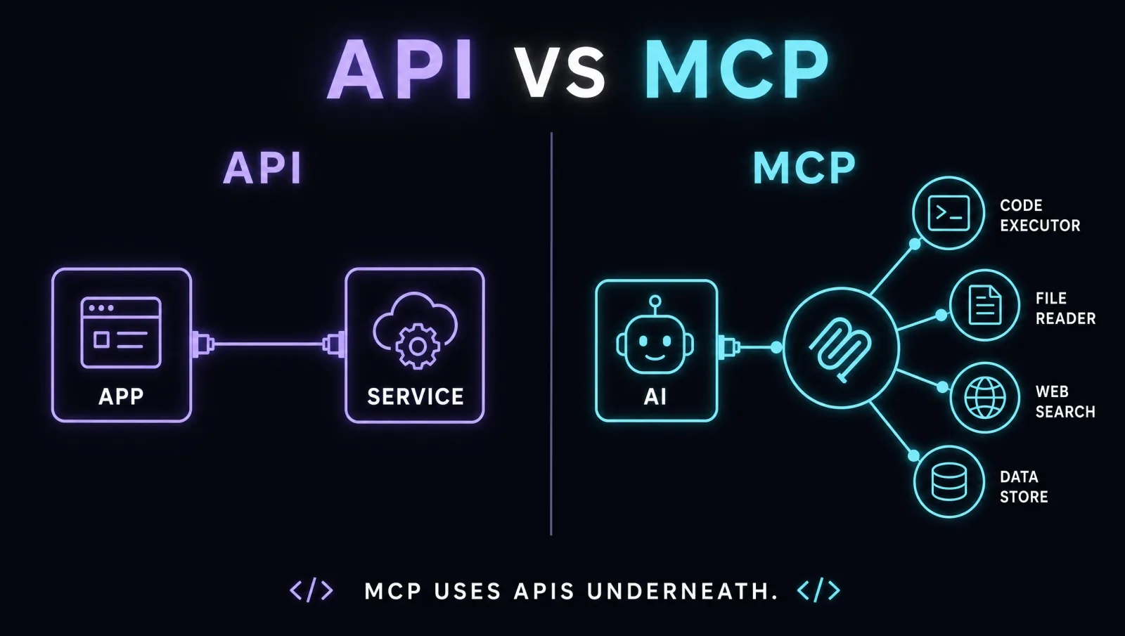 Side by side: API is a single custom cable between one app and one service; MCP is a universal hub connecting one AI to many tools. MCP uses APIs underneath.