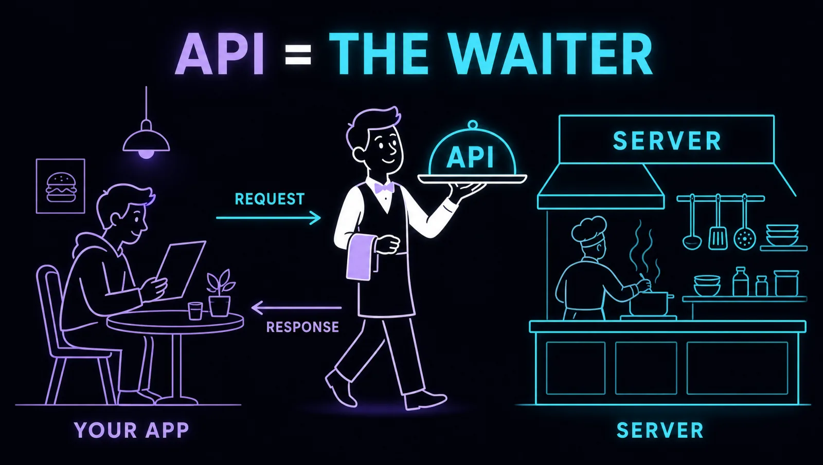 Restaurant analogy for an API: your app is the customer, the API is the waiter carrying a request, the server is the kitchen sending back a response.