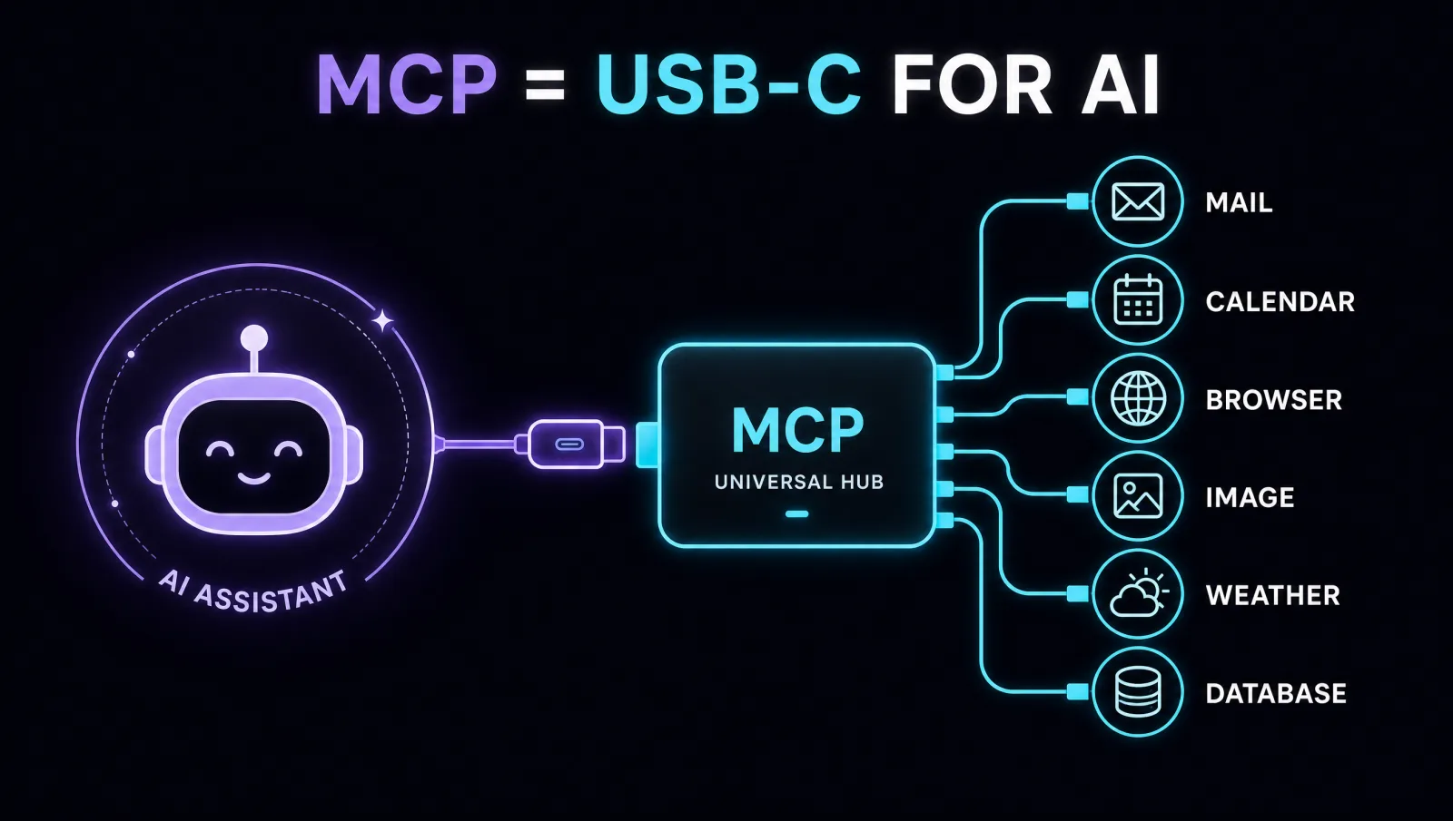MCP as a universal USB-C plug: one AI assistant connects through a single standard port to many tools — Mail, Calendar, Browser, Image, Weather, Database.